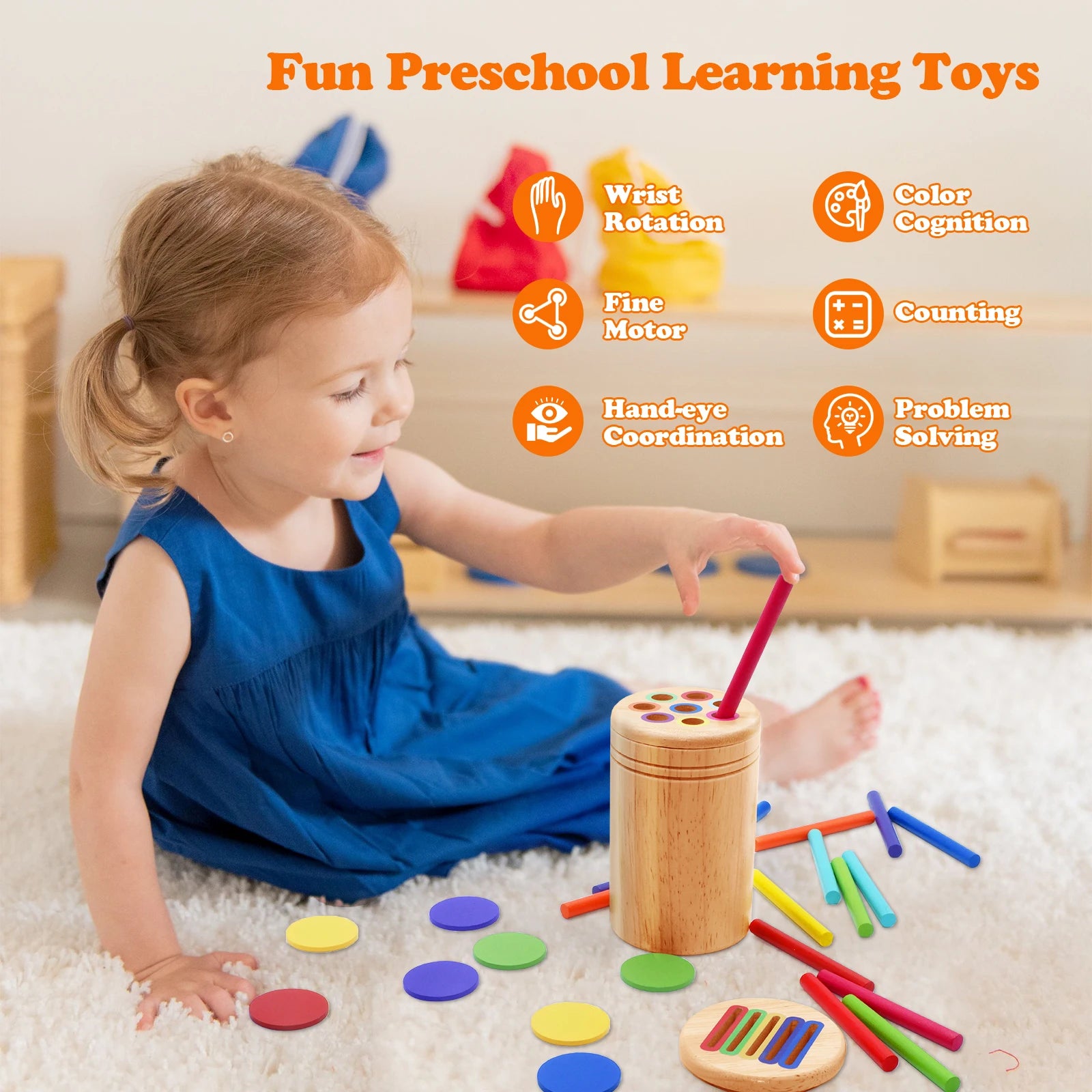 Jouets en Bois Montessori – Set Éducatif Sensoriel pour Motricité Fine et Tri des Couleurs